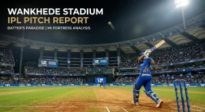 Wankhede Stadium IPL pitch report graphic showing an MI batter playing a powerful shot under floodlights at Wankhede Stadium, Mumbai, with "Batter's Paradise" displayed on the stadium screens, the ball in the air, and a packed crowd behind, under the header "Wankhede Stadium IPL Pitch Report — Batter's Paradise | MI Fortress Analysis.