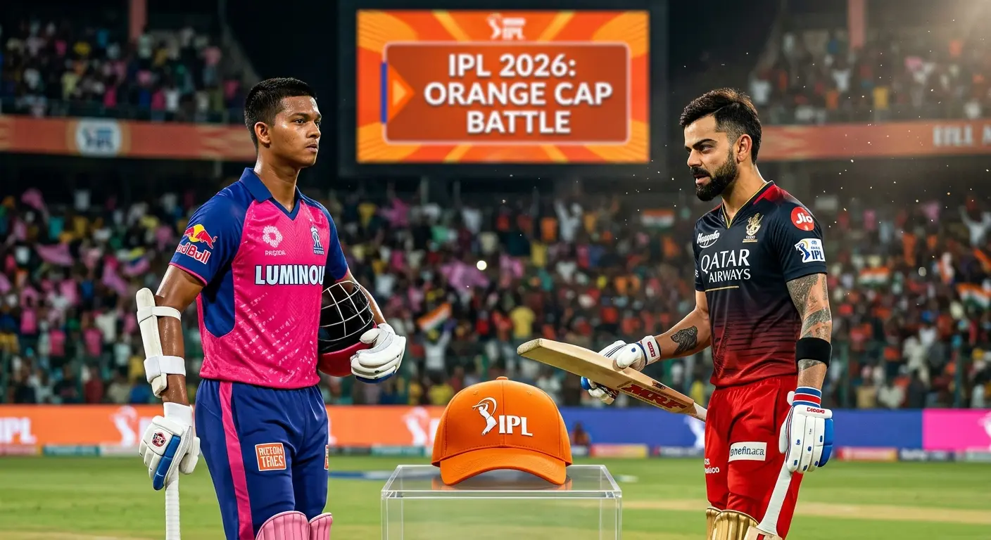Two IPL batsmen in full batting gear face each other across a podium displaying the IPL Orange Cap at a packed stadium. The player on the left wears a Rajasthan Royals pink jersey, representing Yashasvi Jaiswal, while the player on the right in a Royal Challengers Bengaluru black and red jersey represents Virat Kohli. The stadium screen behind them reads "IPL 2026: Orange Cap Battle