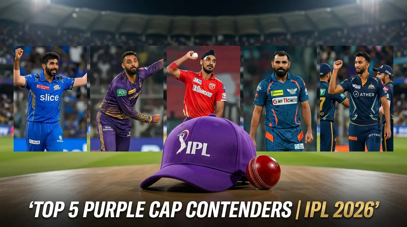 A composite IPL 2026 graphic titled "Top 5 Purple Cap Contenders — IPL 2026" featuring five bowlers in a panel layout above a purple IPL cap and red cricket ball on a stadium pitch. Left to right: Jasprit Bumrah in a Mumbai Indians blue jersey celebrating a wicket; Varun Chakravarthy in a Kolkata Knight Riders purple jersey in his bowling action; Arshdeep Singh in a Punjab Kings red jersey mid-delivery stride; Mohammed Shami in a Lucknow Super Giants teal jersey; and Prasidh Krishna in a Gujarat Titans navy jersey with fist raised.