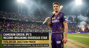 Cameron Green in KKR's purple and gold KKR IPL 2026 jersey holding a bat over his shoulder and a red ball in hand, standing at Eden Gardens under floodlights with a packed crowd behind him, alongside the text "Cameron Green: IPL's Record-Breaking Overseas Star — ₹25.20 Cr Auction Price — KKR's New All-rounder Powerhouse.