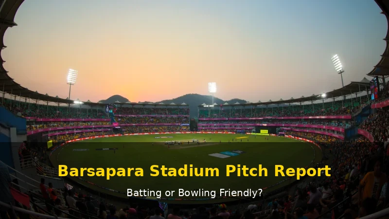 Wide-angle sunset view of Barsapara Cricket Stadium, Guwahati, with floodlights illuminating the ground against a pink and orange sky and green hills visible in the background. A packed colourful crowd surrounds the ground. Text overlay reads "Barsapara Stadium Pitch Report — Batting or Bowling Friendly?"