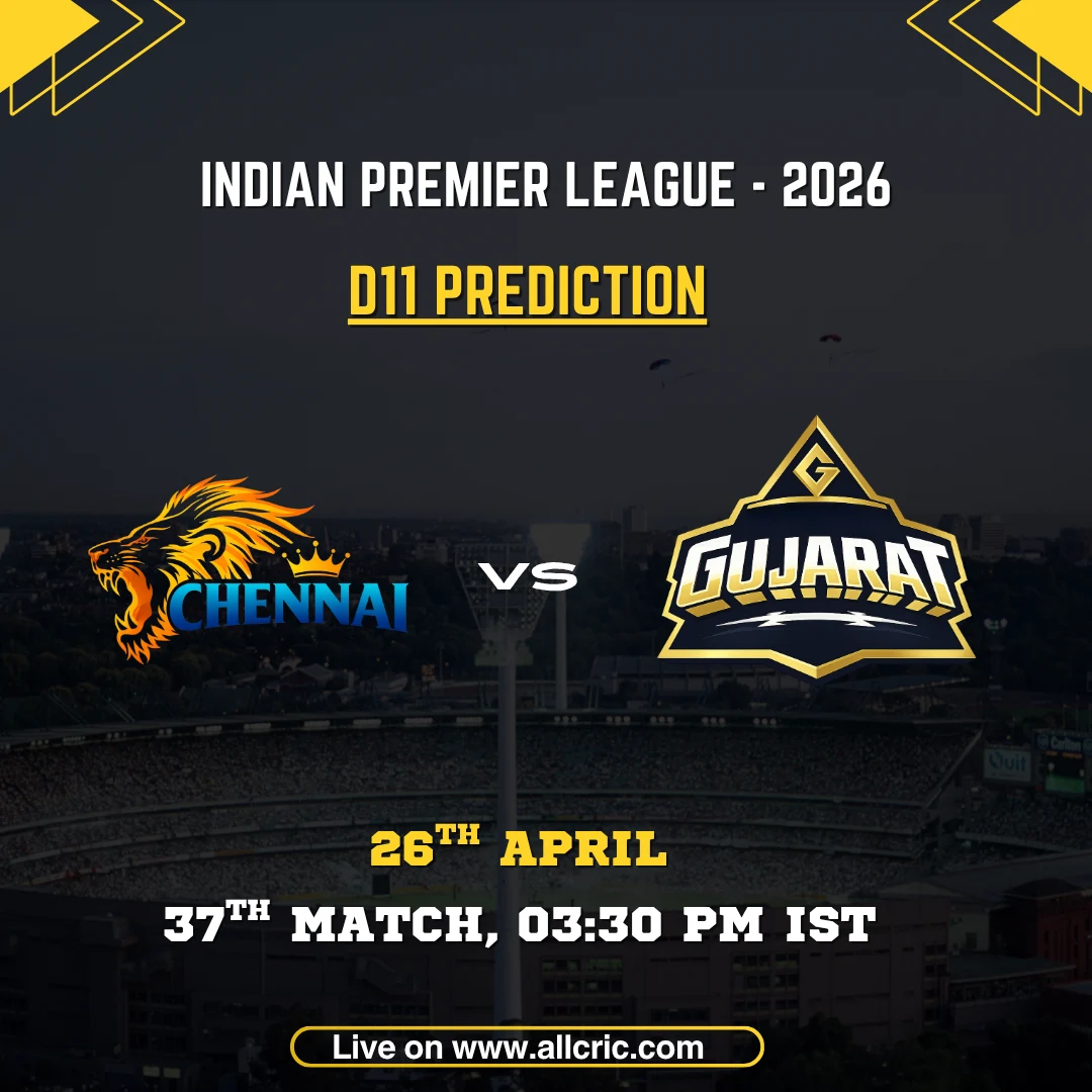 CSK vs GT Dream11 prediction today match IPL 2026 graphic showing Chennai Super Kings vs Gujarat Titans with Dream11 team prediction, fantasy tips, and April 26 match details