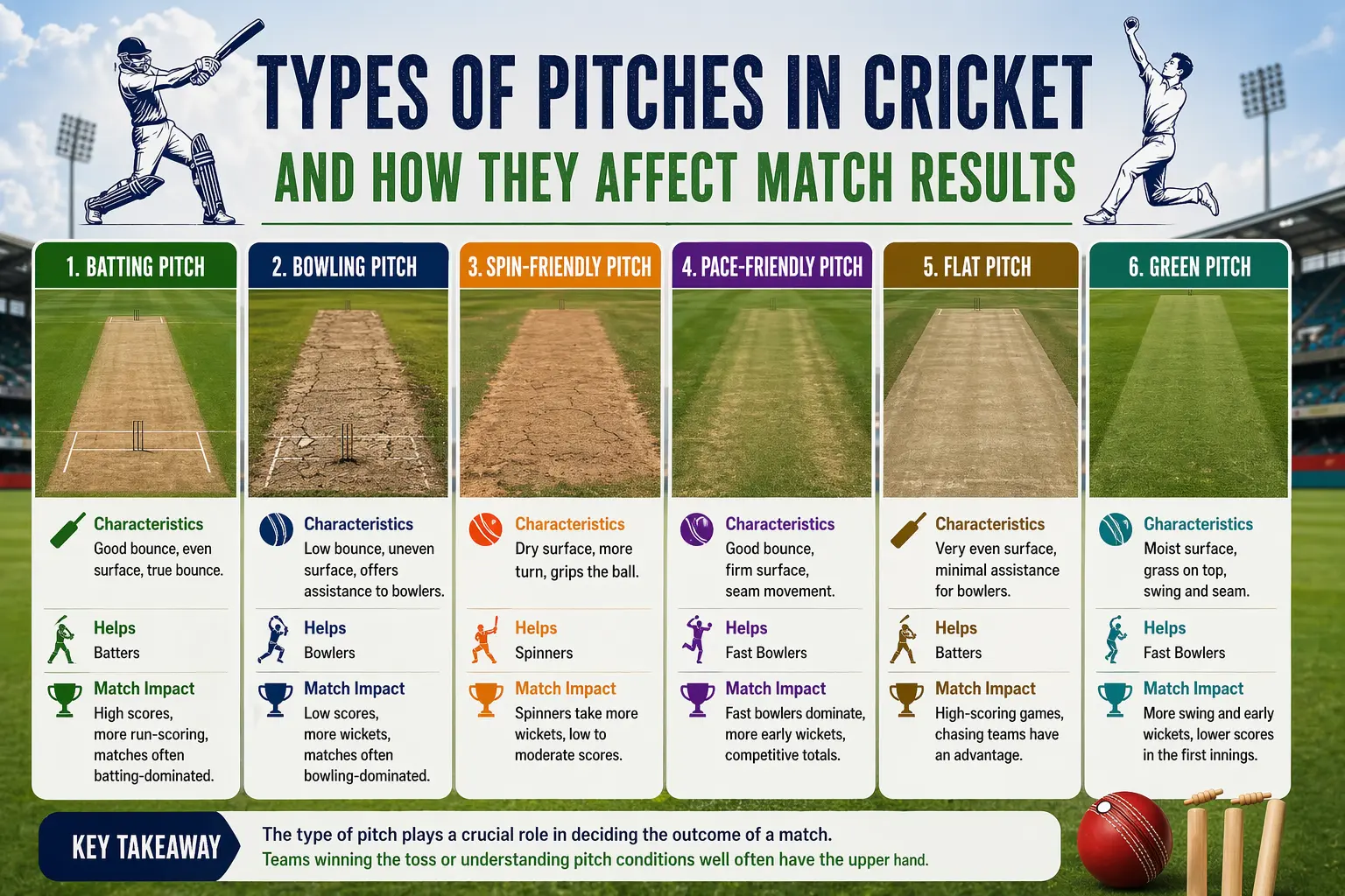 Types of pitches in cricket and how they affect match results including batting pitch, bowling pitch, spin friendly, pace friendly and green pitch infographic