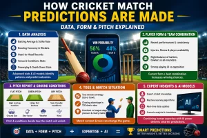 “How cricket match predictions are made using data analysis, player form, pitch report, toss impact, and AI insights infographic”