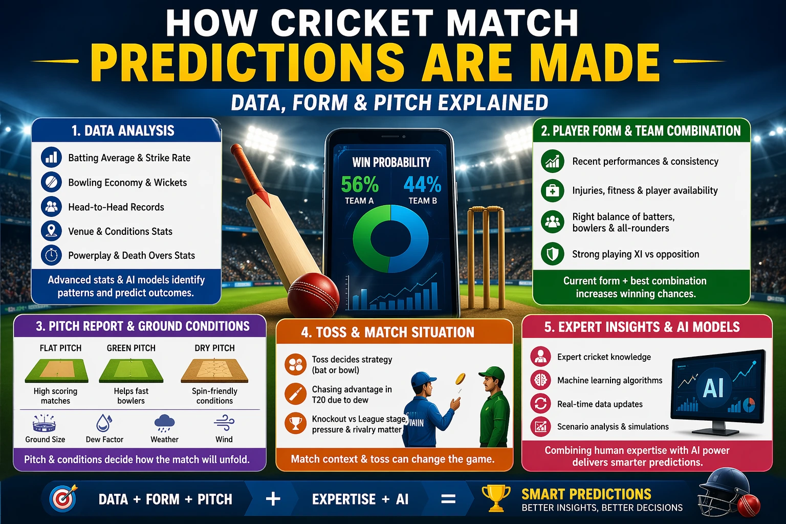 “How cricket match predictions are made using data analysis, player form, pitch report, toss impact, and AI insights infographic”