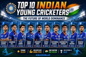 Infographic of top 10 Indian young cricketers including Yashasvi Jaiswal, Shubman Gill, Tilak Varma, Rinku Singh, Arshdeep Singh, Avesh Khan, Yuzvendra Chahal, Washington Sundar, Ravi Bishnoi and Mukesh Kumar in Team India jerseys with stadium background