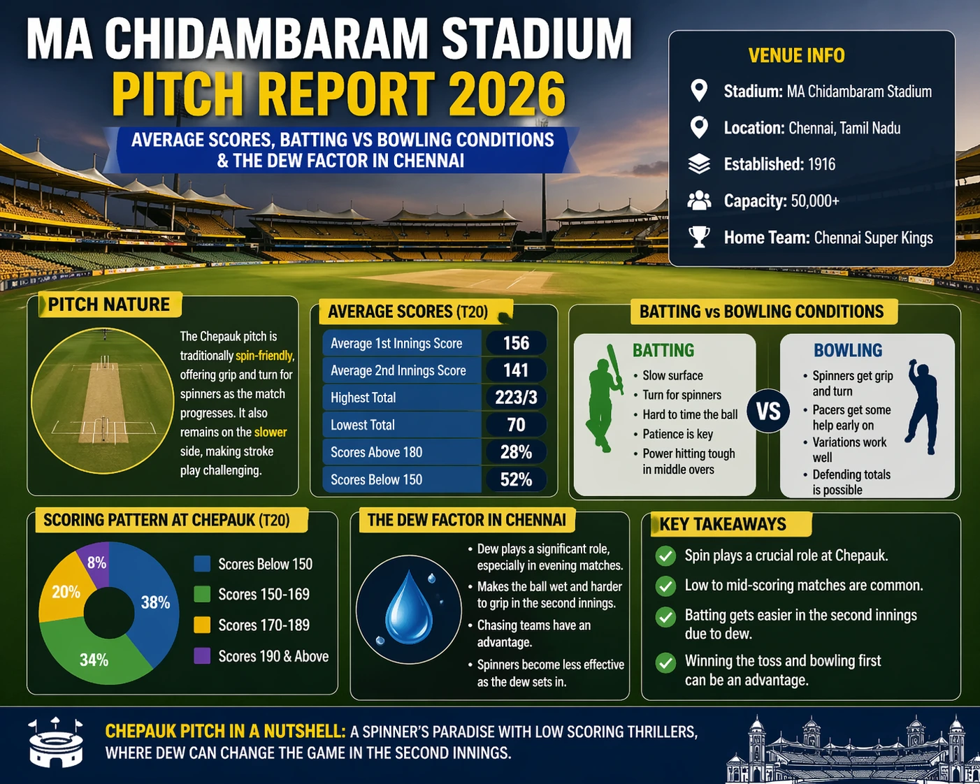 MA Chidambaram Stadium pitch report 2026 with average scores and dew factor
