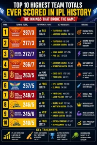 Top 10 highest team totals ever scored in IPL history infographic showing record-breaking innings, team scores, key highlights and rankings
