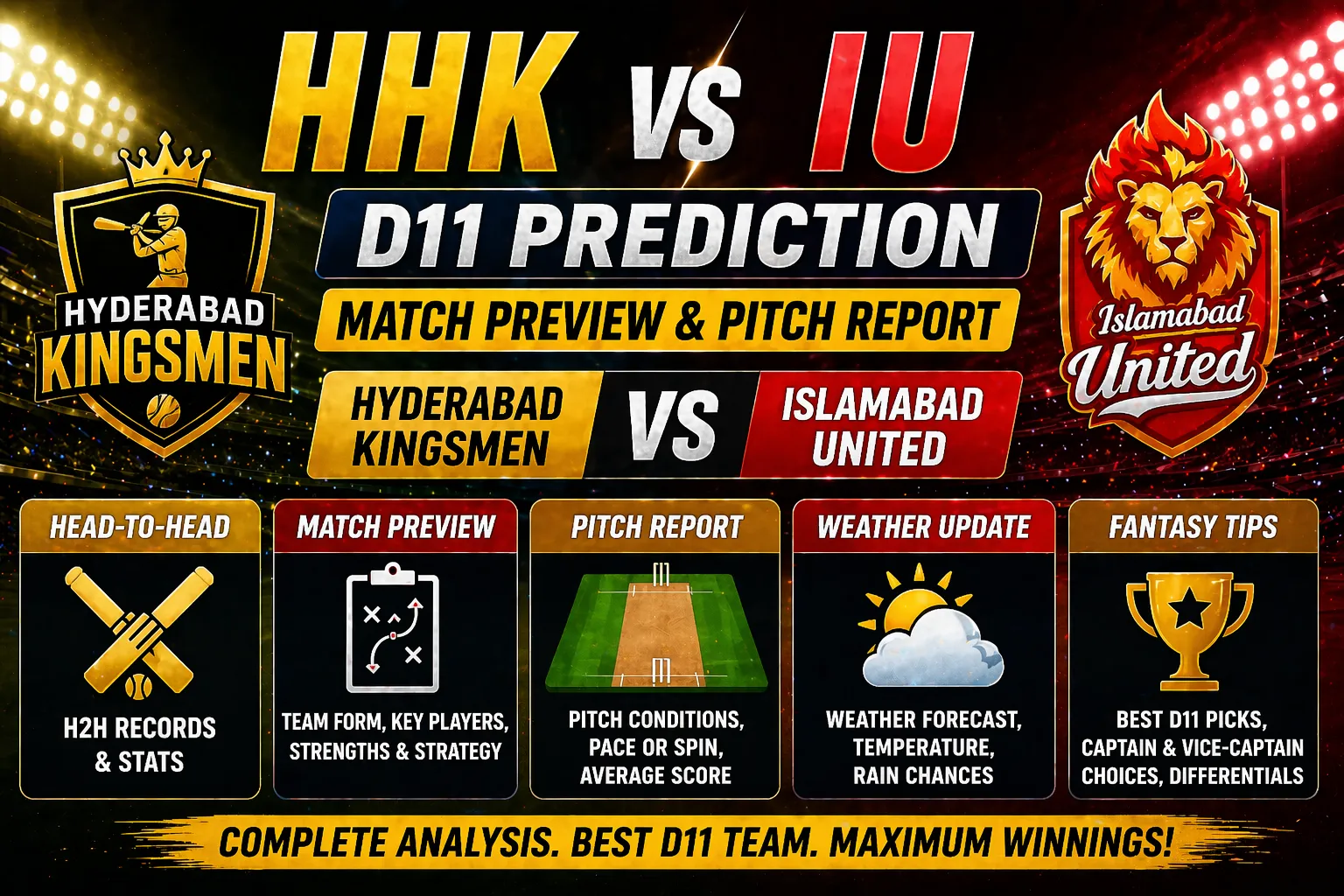 HHK vs IU Dream11 prediction match preview pitch report Hyderabad Kingsmen vs Islamabad United fantasy tips banner”