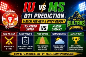 “IU vs MS Dream11 prediction match preview pitch report Islamabad United vs Multan Sultans fantasy tips banner”