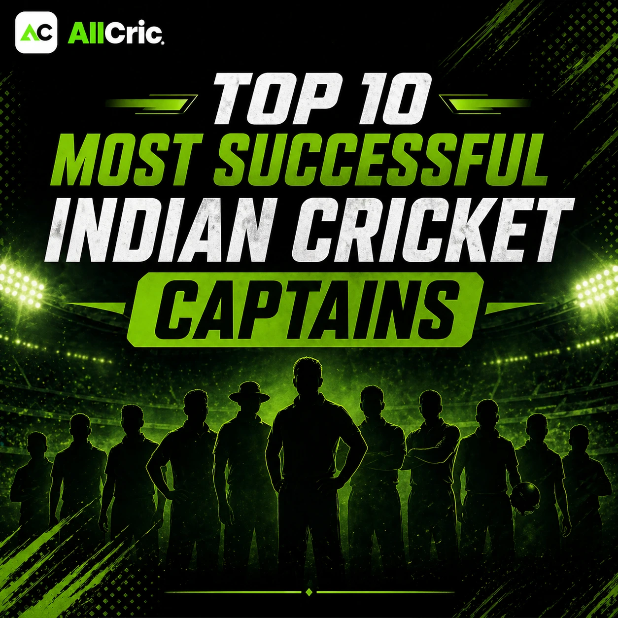 Top 10 most successful Indian cricket captains heading poster in AllCric green black theme