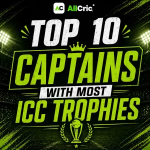 Top 10 captains with most ICC trophies heading poster in AllCric green black theme