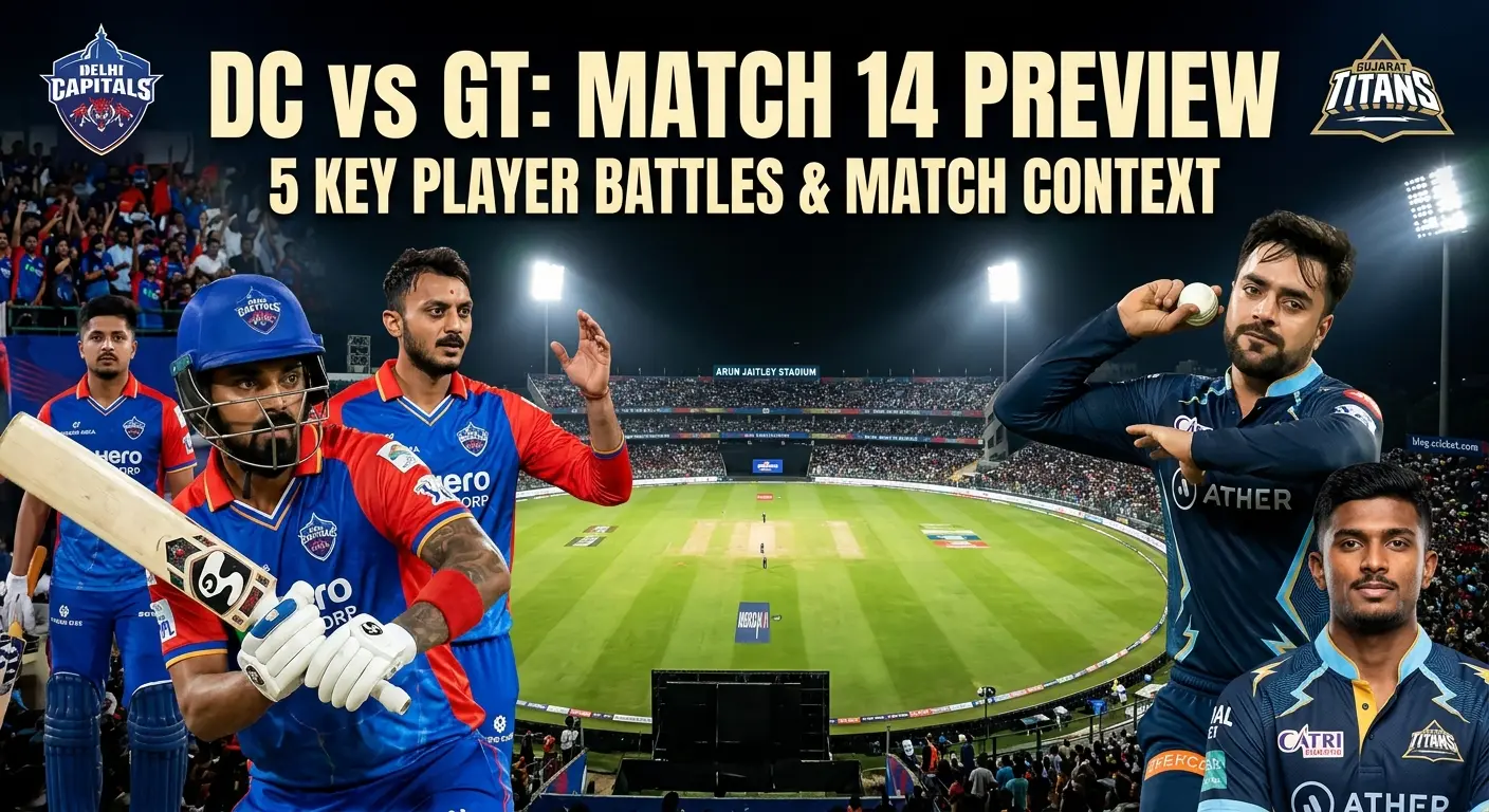 DC vs GT match 14 preview IPL 2026 featuring Delhi Capitals vs Gujarat Titans key player battles, Sameer Rizvi, Sai Sudharsan, KL Rahul, Rashid Khan and Axar Patel at Arun Jaitley Stadium