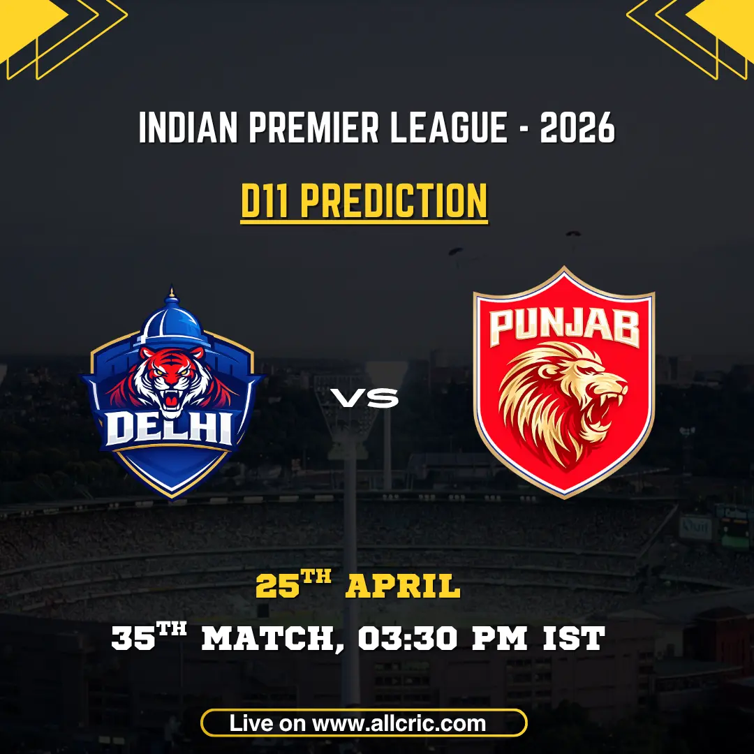 DC vs PBKS Dream11 prediction today match IPL 2026 graphic showing Delhi Capitals vs Punjab Kings with fantasy team prediction, match details and date 25 April