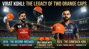 Virat Kohli IPL Orange Cap record 2016 and 2024 showing two Orange Caps, 973 runs in 2016 and 741 runs in 2024 with RCB legacy and IPL records