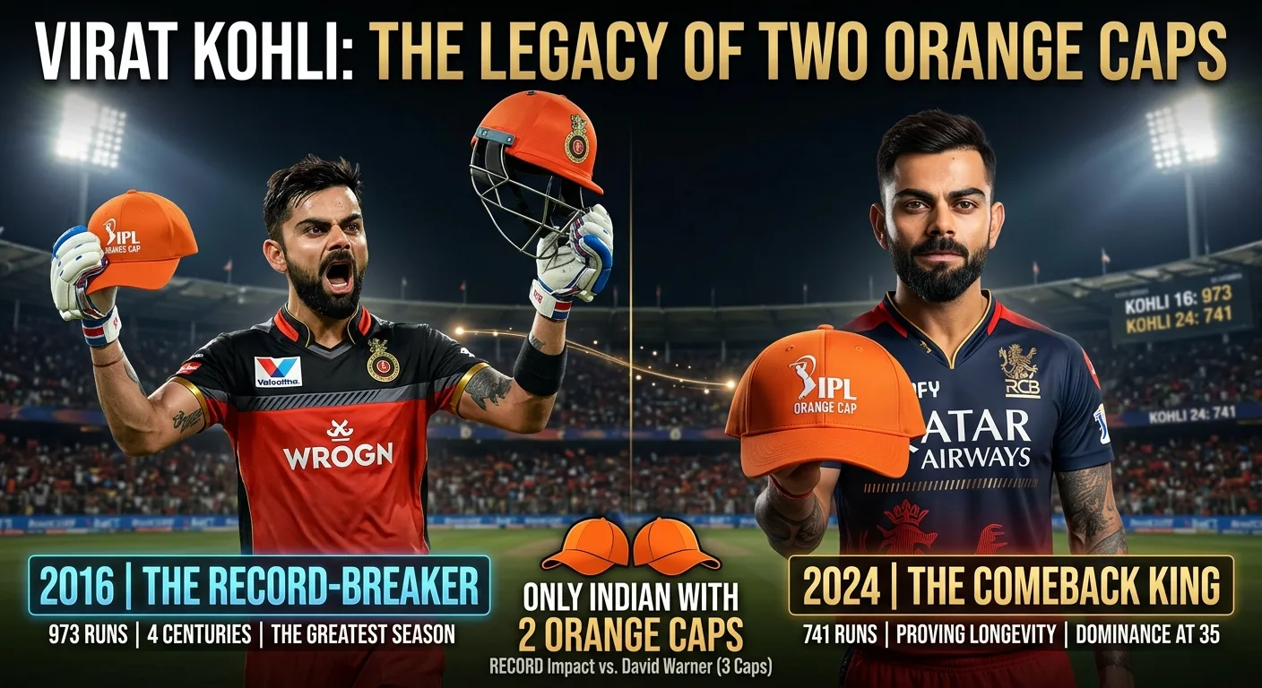 Virat Kohli IPL Orange Cap record 2016 and 2024 showing two Orange Caps, 973 runs in 2016 and 741 runs in 2024 with RCB legacy and IPL records