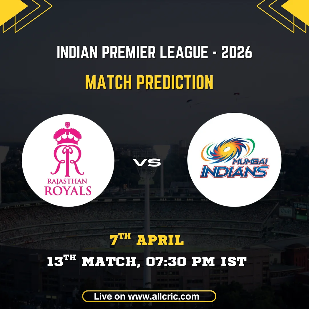 RR vs MI today match prediction graphic for IPL 2026 featuring Rajasthan Royals vs Mumbai Indians on April 7 at Barsapara Cricket Stadium, Guwahati, highlighting match details and win prediction favoring Mumbai Indians.