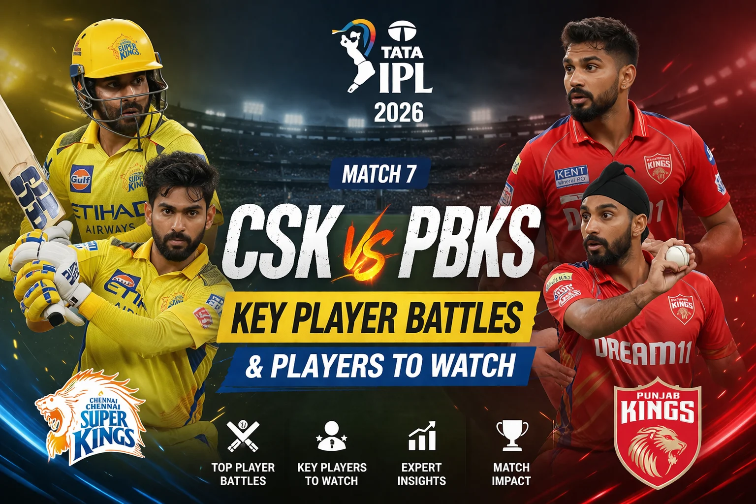 IPL 2026 Match 7 promotional graphic for CSK vs PBKS titled "Key Player Battles & Players to Watch," featuring Chennai Super Kings players in yellow jerseys on the left and Punjab Kings players in red jerseys on the right, with the Tata IPL 2026 logo centered at the top and icons for Top Player Battles, Key Players to Watch, Expert Insights, and Match Impact at the bottom.
