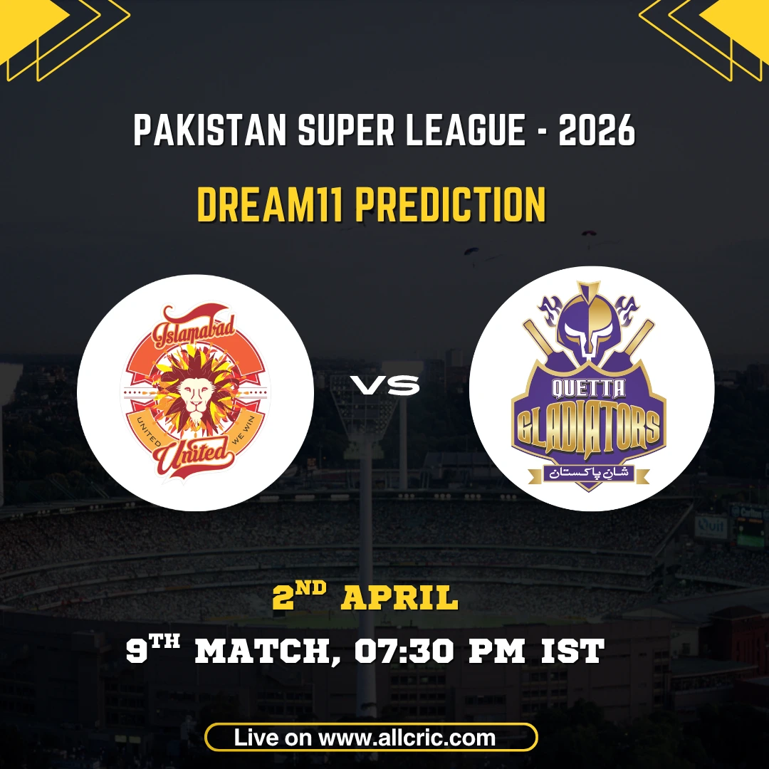 PSL 2026 Dream11 prediction match card for Islamabad United vs Quetta Gladiators, 9th Match. The Islamabad United orange lion crest with "United We Win" banner and Quetta Gladiators purple gladiator helmet with crossed bats displayed in circular frames on either side of a "VS" marker against a dark stadium backdrop. Match details read: 9th Match, 2nd April, 07:30 PM IST. Website URL allcric.com shown at the bottom.