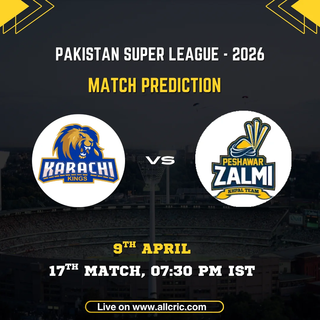 Karachi Kings vs Peshawar Zalmi match prediction PSL 2026 17th match on April 9 at National Stadium Karachi with team logos, match timing 7:30 PM IST and PSL prediction graphic