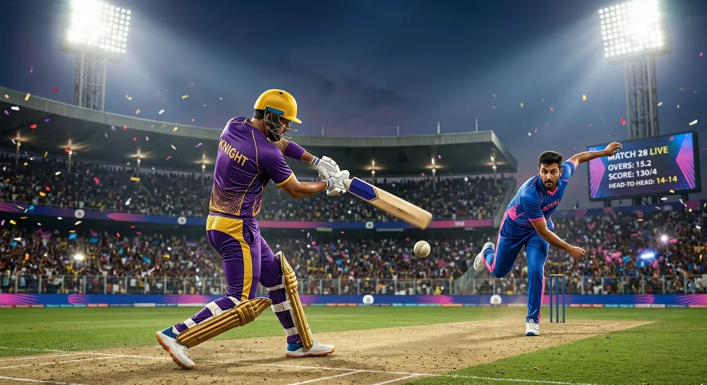 KKR vs RR IPL 2026 match action at Eden Gardens – Kolkata Knight Riders batsman facing Rajasthan Royals bowler during high-scoring T20 match