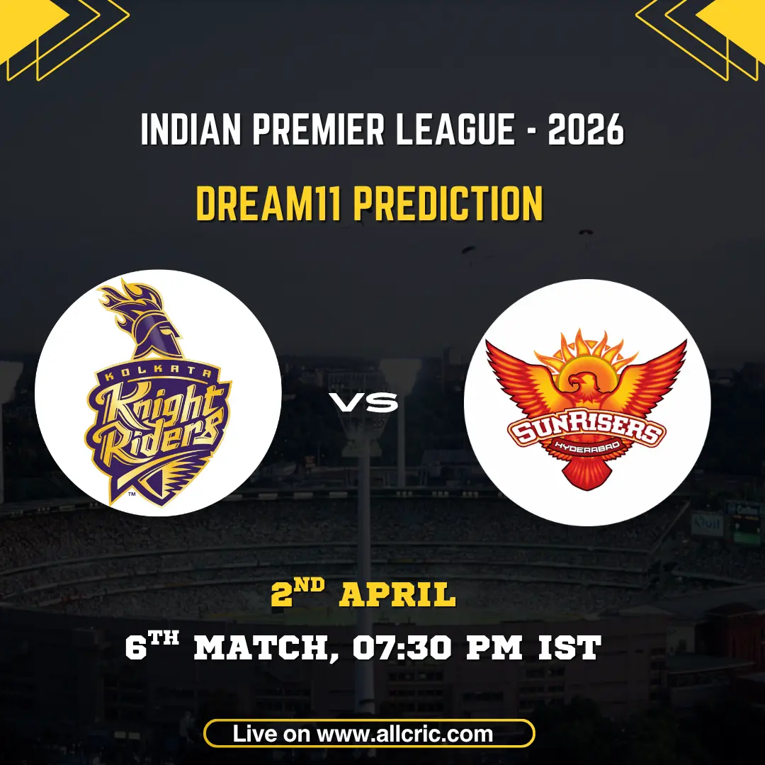 IPL 2026 Dream11 prediction match card for Kolkata Knight Riders vs Sunrisers Hyderabad, 6th Match. The KKR purple knight helmet crest and SRH orange phoenix logo displayed in circular frames on either side of a "VS" marker against a dark stadium backdrop. Match details read: 6th Match, 2nd April, 07:30 PM IST. Website URL allcric.com shown at the bottom.