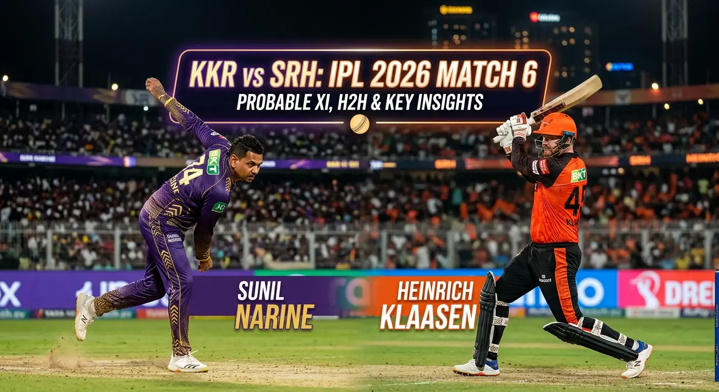 Sunil Narine bowling for KKR to Heinrich Klaasen of SRH during IPL 2026 Match 6 at Eden Gardens, highlighting KKR vs SRH matchup with focus on spin vs power hitting.