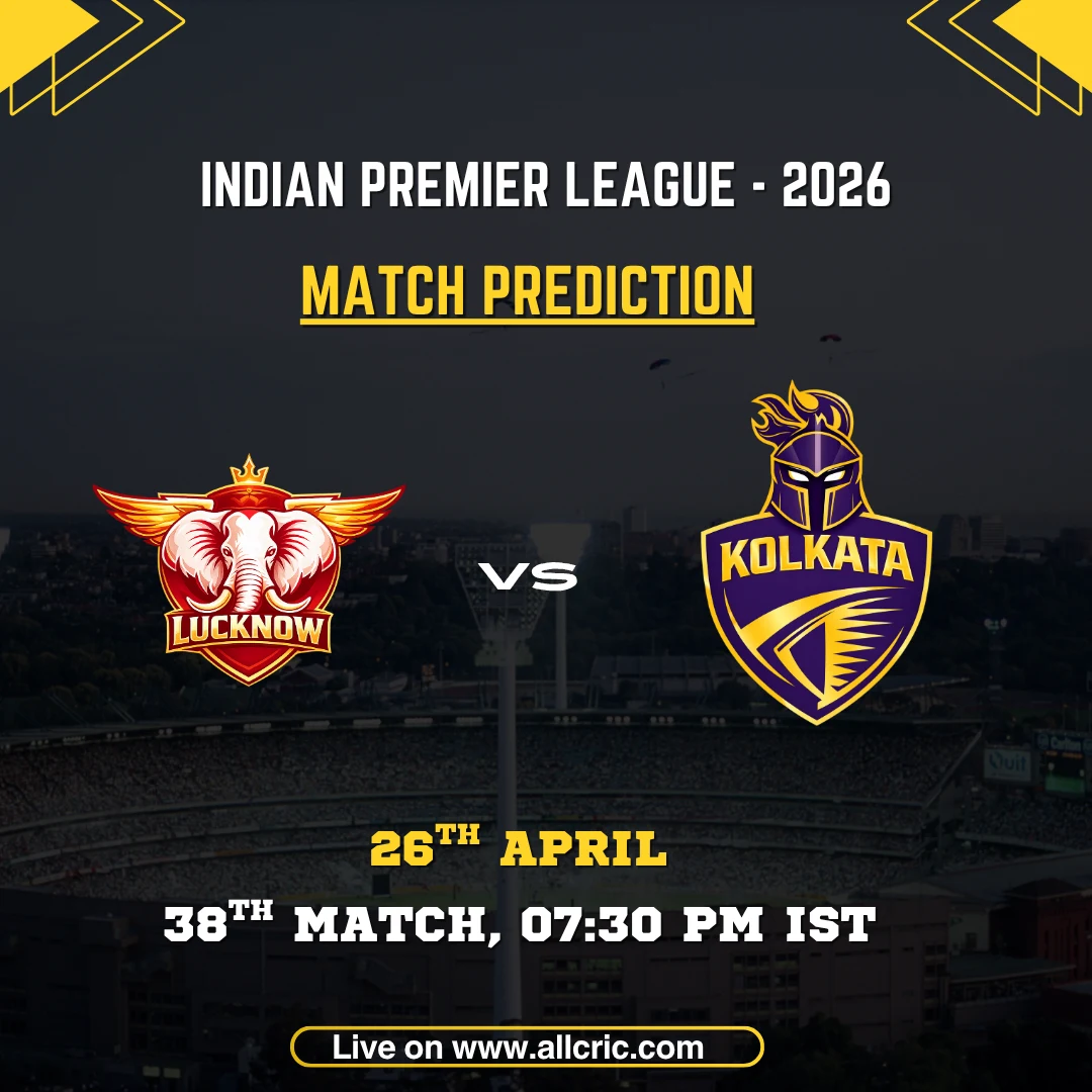 LSG vs KKR today match prediction IPL 2026 poster featuring Lucknow Super Giants vs Kolkata Knight Riders with match date April 26 and win prediction details