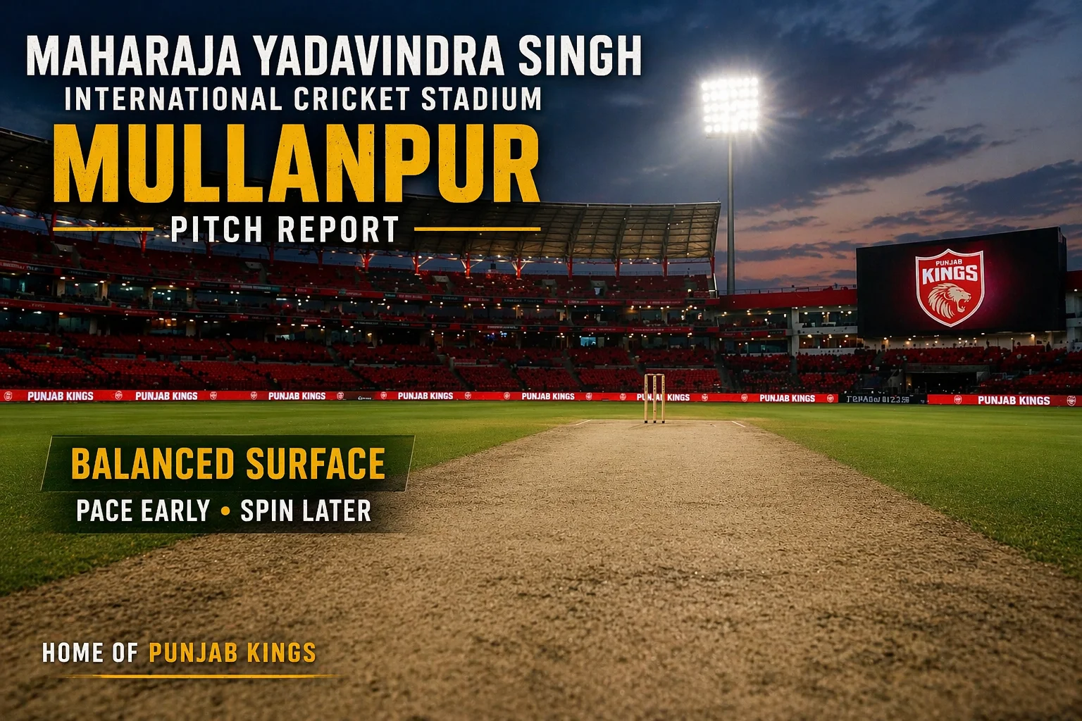 Maharaja Yadavindra Singh International Cricket Stadium Mullanpur pitch report showing balanced surface with pace early and spin later