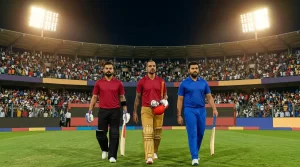 IPL cricket players walking onto the field with bats in a packed stadium representing top batters like Kohli, Rohit, and Dhawan known for high dot ball records in IPL history