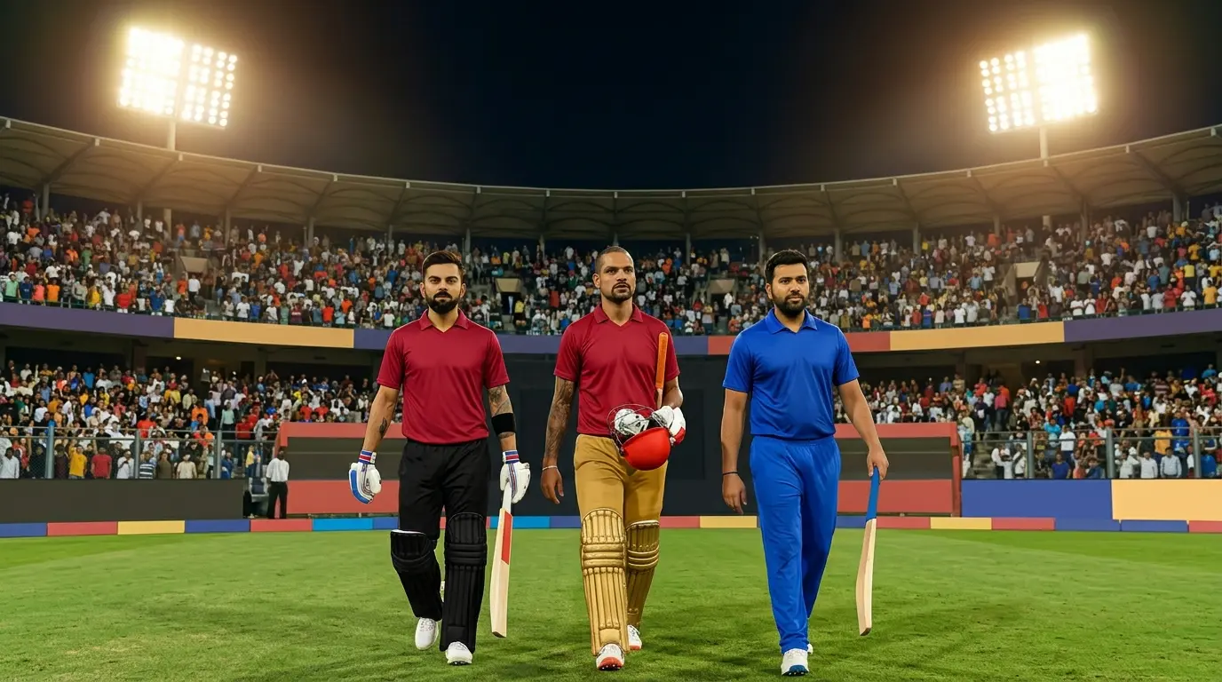 IPL cricket players walking onto the field with bats in a packed stadium representing top batters like Kohli, Rohit, and Dhawan known for high dot ball records in IPL history