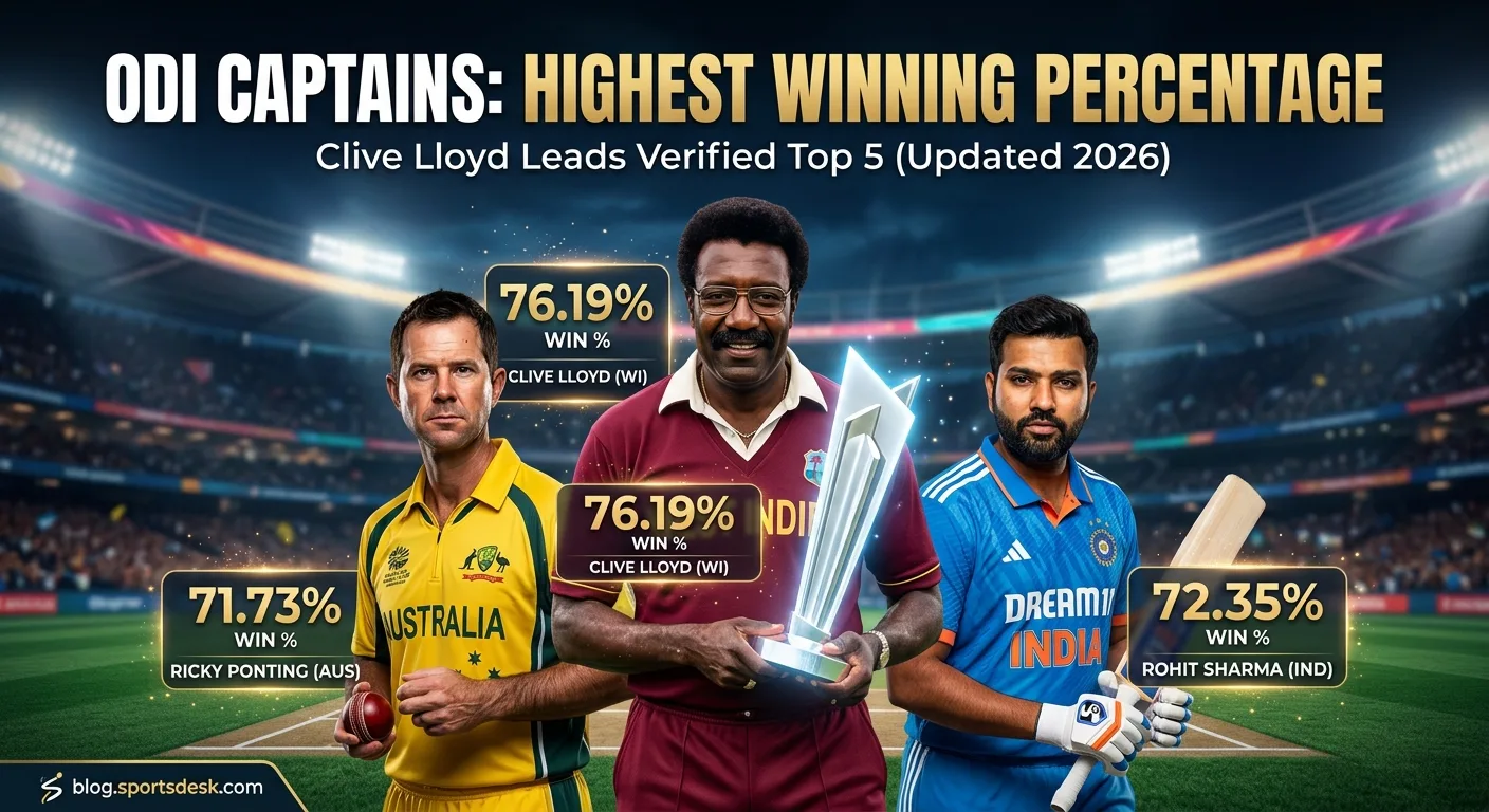 ODI captains highest winning percentage 2026 chart featuring Clive Lloyd 76.19%, Rohit Sharma 72.35% and Ricky Ponting 71.73% with comparison of top ODI captains win percentage