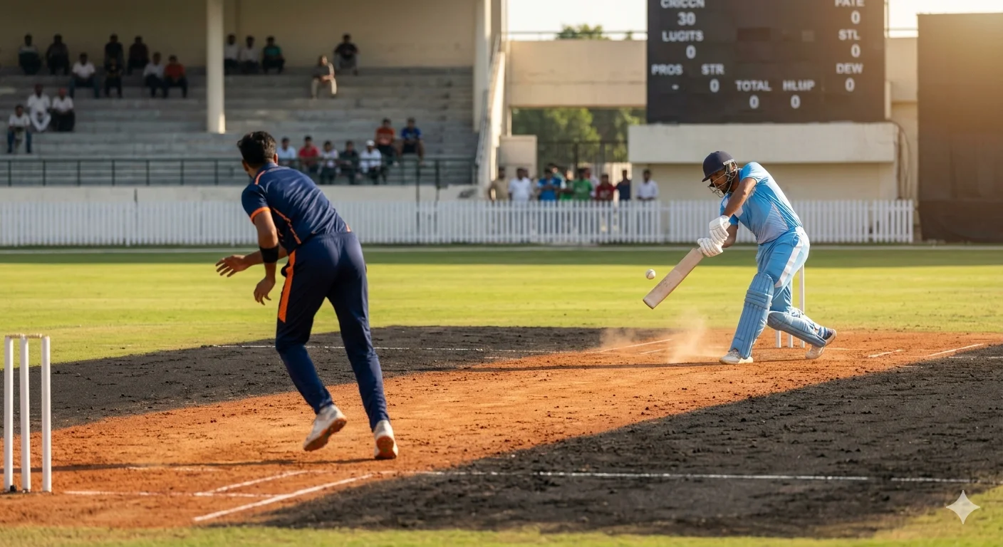 Maharaja Yadavindra Singh Stadium pitch report Mullanpur showing cricket match action with balanced batting pitch and pace support conditions in New Chandigarh