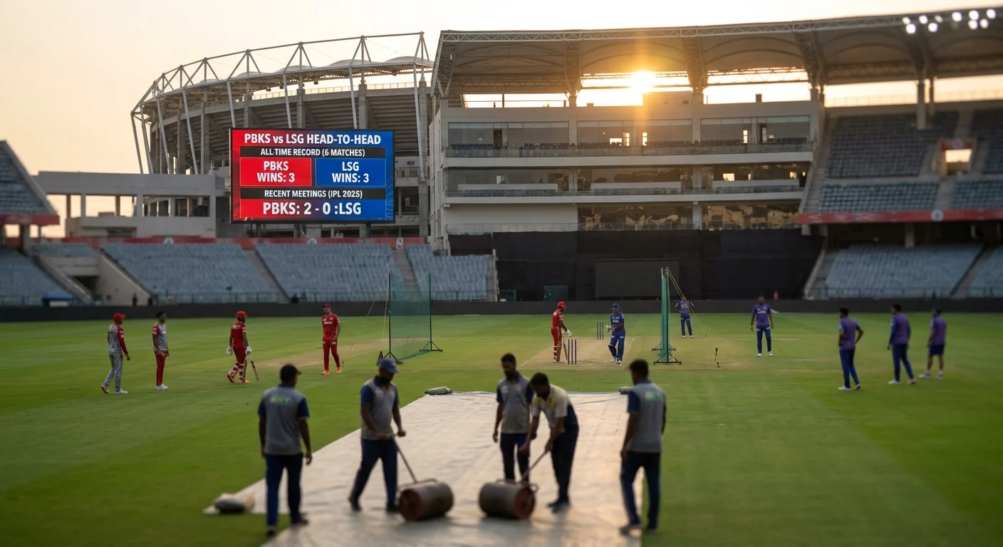 PBKS vs LSG head-to-head stats display at New Chandigarh Stadium – Punjab Kings and Lucknow Super Giants players training before IPL 2026 match