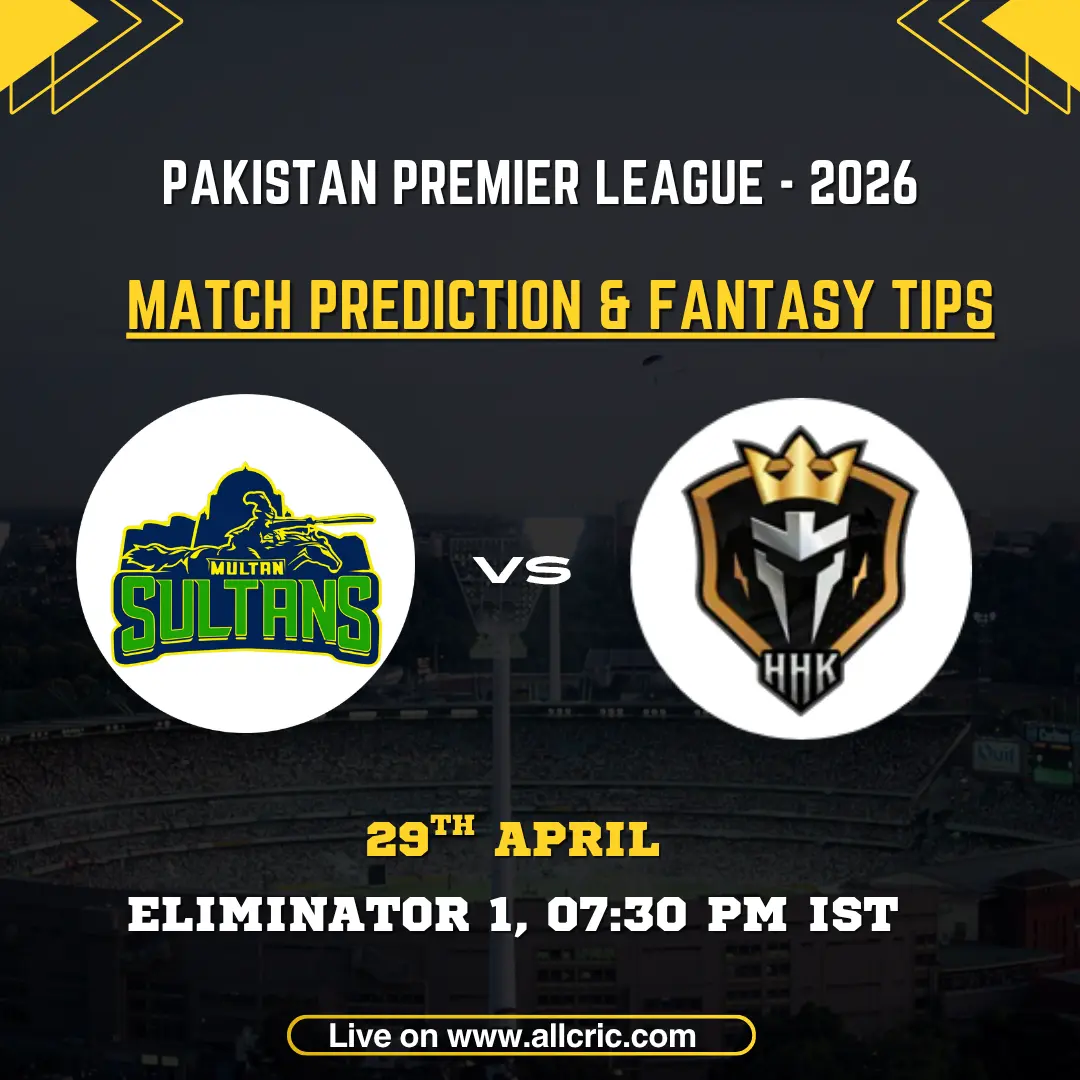 MUL vs HYK match prediction PSL 2026 Eliminator 1 – Multan Sultans vs Hyderabad Kingsmen fantasy and Dream11 prediction poster, April 29, 7:30 PM IST at Gaddafi Stadium Lahore