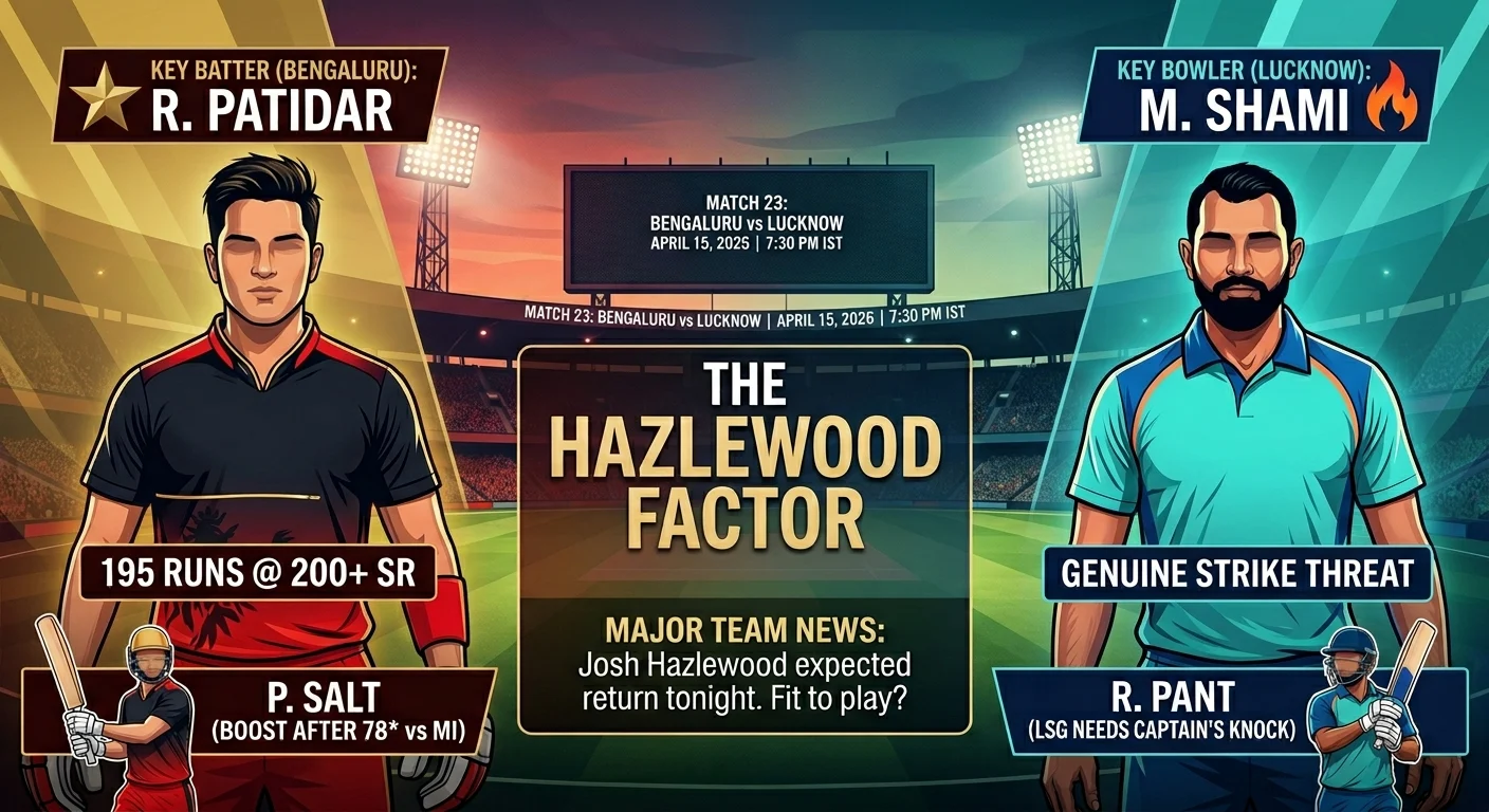RCB vs LSG Playing 11 Today – Rajat Patidar (195 runs at 200+ SR) and Phil Salt for Bengaluru face Mohammed Shami and Rishabh Pant for Lucknow in IPL 2026 Match 23, April 15 at 7:30 PM IST, with Josh Hazlewood's fitness the key team news