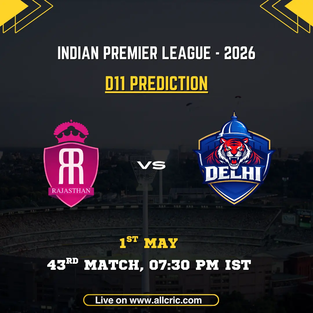 RR vs DC Dream11 prediction today match IPL 2026 – Rajasthan Royals vs Delhi Capitals fantasy D11 prediction poster with team logos, May 1, 7:30 PM IST at Sawai Mansingh Stadium Jaipur