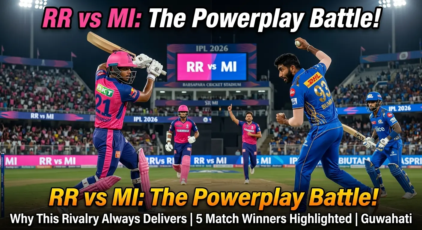 RR vs MI powerplay battle IPL 2026 image showing Rajasthan Royals batter facing Mumbai Indians bowler Jasprit Bumrah, highlighting key players and powerplay showdown at Barsapara Cricket Stadium.