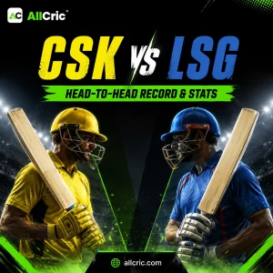 Square AllCric graphic for CSK vs LSG head-to-head record and stats in the IPL, showing two opposing batsmen in yellow and blue kits with bold match-up heading on a dark stadium background.