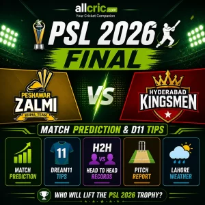 PSL 2026 final Peshawar Zalmi vs Hyderabad Kingsmen infographic with headings like match prediction Dream11 tips H2H pitch report and Lahore weather AllCric