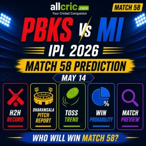 PBKS vs MI IPL 2026 match 58 prediction infographic with headings like H2H Dharamsala pitch report toss trend win probability and match preview AllCric