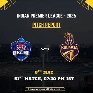 DC vs KKR pitch report IPL 2026 poster featuring Delhi Capitals vs Kolkata Knight Riders, 51st match on May 8 at 7:30 PM IST at Arun Jaitley Stadium.