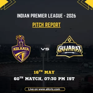 KKR vs GT pitch report IPL 2026 poster featuring Kolkata Knight Riders vs Gujarat Titans, 60th match on May 16 at 7:30 PM IST at Eden Gardens.