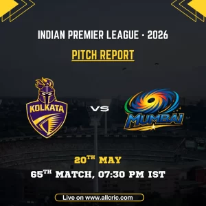KKR vs MI pitch report today IPL 2026 poster featuring Kolkata Knight Riders vs Mumbai Indians, 65th match at Eden Gardens Stadium on May 20 at 7:30 PM IST.