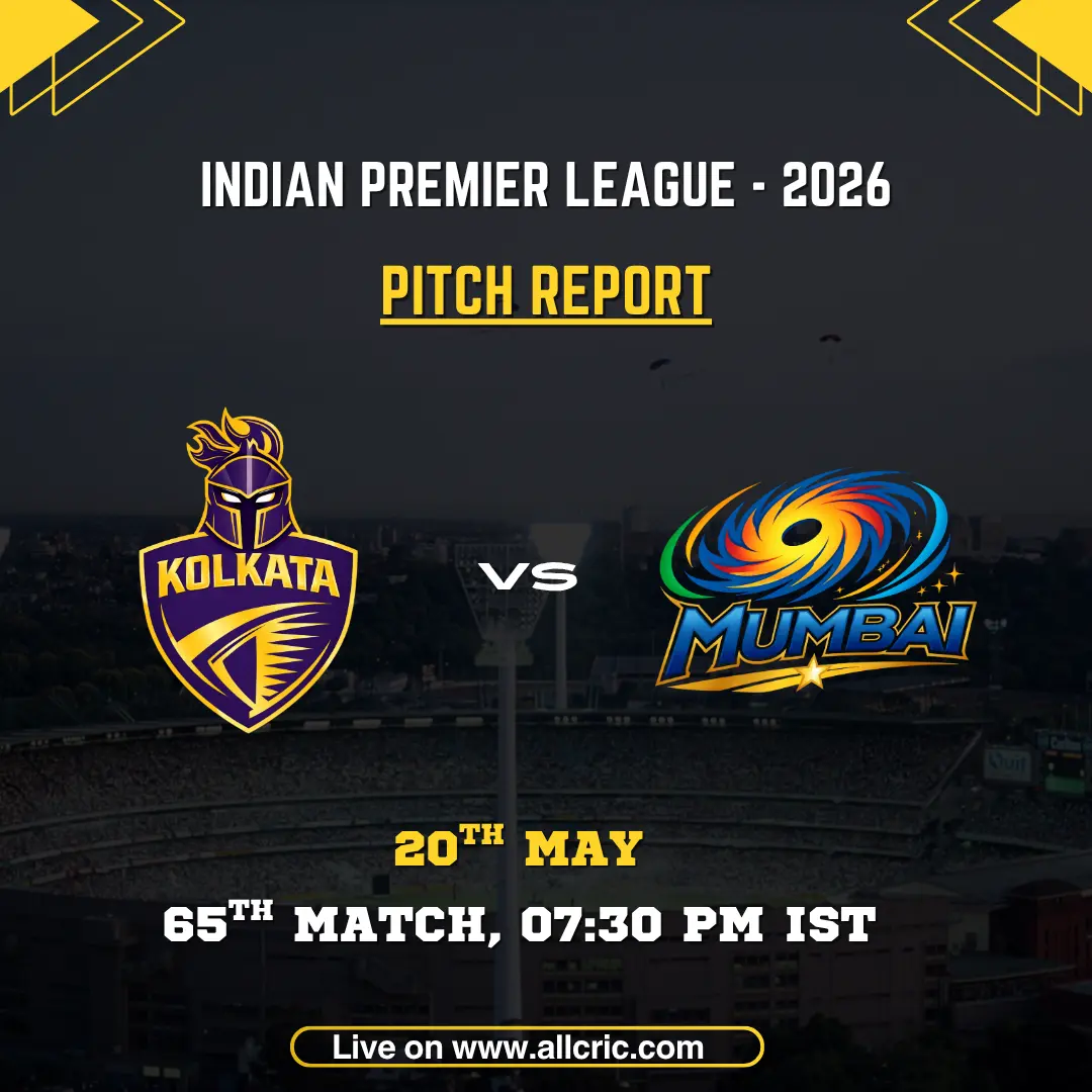 KKR vs MI pitch report today IPL 2026 poster featuring Kolkata Knight Riders vs Mumbai Indians, 65th match at Eden Gardens Stadium on May 20 at 7:30 PM IST.
