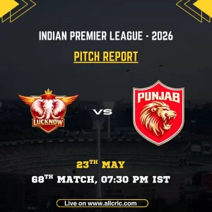 LSG vs PBKS pitch report today IPL 2026 poster featuring Lucknow Super Giants vs Punjab Kings, 68th match at Ekana Cricket Stadium on May 23 at 7:30 PM IST.