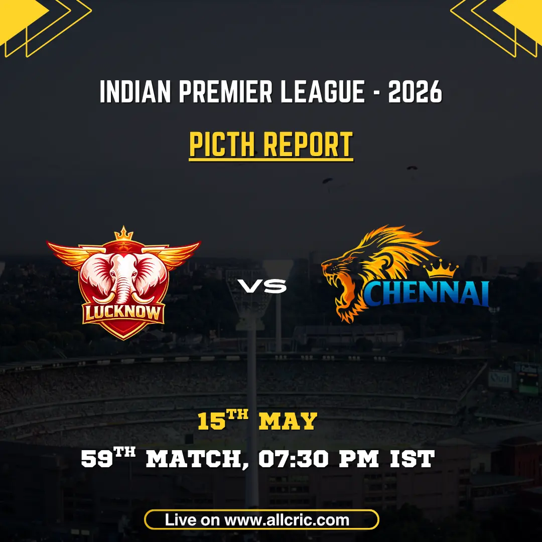 LSG vs CSK pitch report IPL 2026 poster featuring Lucknow Super Giants vs Chennai Super Kings, 59th match on May 15 at 7:30 PM IST at Ekana Stadium.