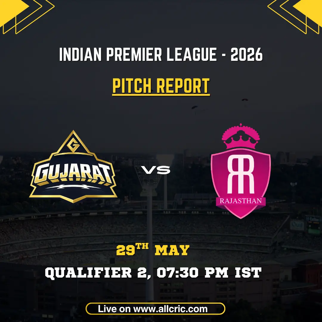 GT vs RR pitch report today IPL 2026 Qualifier 2 poster featuring Gujarat Titans vs Rajasthan Royals at Maharaja Yadavindra Singh Stadium, Mullanpur on May 29 at 7:30 PM IST.