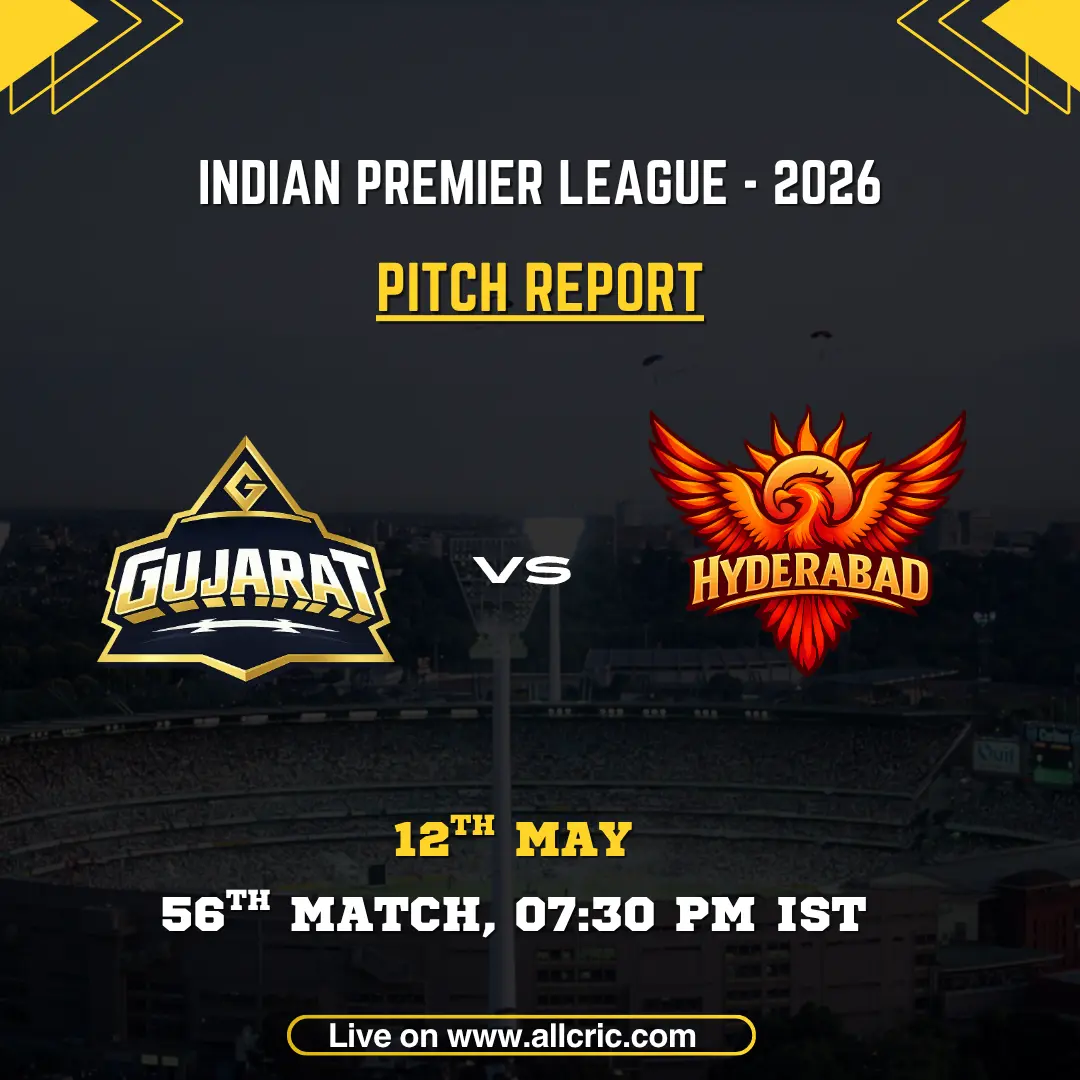 GT vs SRH pitch report IPL 2026 poster featuring Gujarat Titans vs Sunrisers Hyderabad at Narendra Modi Stadium, Match 56 on May 12 at 7:30 PM IST with team logos and venue details.
