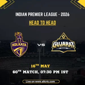 KKR vs GT head to head today IPL 2026 poster featuring Kolkata Knight Riders vs Gujarat Titans, 60th match on May 16 at 7:30 PM IST with team logos.